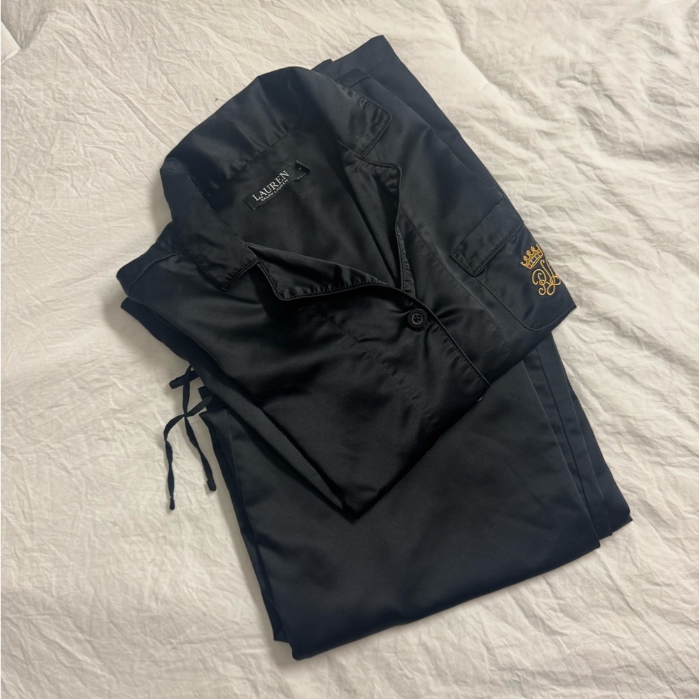 Ralph Lauren Black Satin Notched-Collar Pajamas Set - Picture 2 of 7